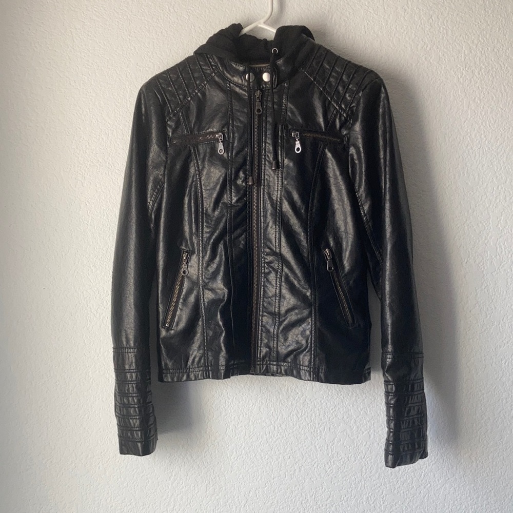Worn black leather jacket for kids, Maralyn and Me, size small.